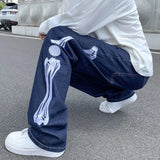 OTUSI Skeleton Embroidery Straight Jean Pants Couples Mopping Trousers Mens Streetwear Denim Pants Men's Clothing Jeans for Men Baggy