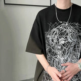 OTUSI 2023 Graffiti Short Sleeve T-shirt for Men Summer American Street Bomber Personality Abstract Thread Figure Top Loose Round Neck