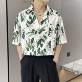 OTUSI Men Outfit Summer Male Chinese Style Camellia Printing Cardigan Blouse Hombre Half Sleeve Casual Fashion All-match Top Men Vintage Shirt