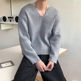 OTUSI Men's Light Luxury Knitted Pullover Sweater Men Casual V Neck Solid Color Long Sleeve Knitwear Streetwear Korean Autumn Clothing