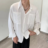 OTUSI Streetwear Men Shirts Fashion Solid Color Thin Transparent Loose Shirt Tops Mens Spring Long Sleeve Buttoned Lapel Casual Shirt