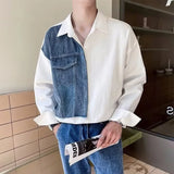 OTUSI Daily Streetwear Mens Denim Patchwork Shirt Clothes Fashion Turn-down Collar Long Sleeve Button Shirts For Men Fall Casual Tops