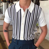 OTUSI Summer Clothing Men's Light Luxury Knitted Short Sleeve Polo Shirt Vintage Striped Button-down T-shirt for Men Fashion Knitwear