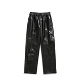 OTUSI Men's Leather Motorcycle Cargo Pants Multi-Pockets Black PU Pants Men Elastic Waist Mopping Trousers All-match Windproof