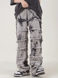 OTUSI Striped Tassel Frayed Straight Baggy Jeans Hip Hop Black Tie-dye Pants Harajuku Male Female Streetwear Casual Denim Trousers
