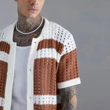 OTUSI Fashion Striped Patchwork Men's Knit Shirts 2023 Summer Short Sleeve Turndown Collar Button Shirt Men Clothes Casual Knitted Top