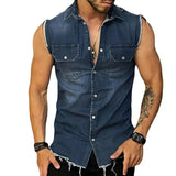OTUSI 2024 Spring Summer Casual Jean Vest Tops Men Fashion Sleeveless Buttoned Lapel Denim Tank Tops Streetwear Mens Denim Vest Shirts