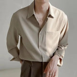OTUSI Casual Men Lapel Long Sleeve Single-breasted Patch Pocket Draped Men Shirt Slim Fit Solid Color Business Dress Shirt Top