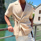 OTUSIVintage Linen Shirts Mens Short Sleeve Turn-down Collar Drawstring Waist Belted Tie-up Tops Summer Fashion Men Shirt Streetwear