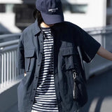 OTUSI Summer Japanese Vintage Short Sleeve Cargo Shirts For Men 2024 New Casual Fashion Multi-pocket Plain Blouses With Buckle Webbing