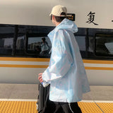 OTUSI Men's Loose Summer Sun Protection Clothing Thin Outdoor Zipper Hooded Casual Jacket Drawstring Fashion Printing Quick Dry Coat