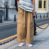 OTUSI Men Summer Outfit 2024 New Men Cotton Cargo Pants Harajuku Style Straight Casual Pants for Men Solid Big Pockets Loose Wide Leg Design Trousers