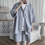 OTUSI Summer Men Shorts Set Matching Shirts Letter Striped Floral Printing Outfits Short Sleeve Elastic Waist Thin Oversize Suit Man