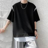 OTUSI Fake Two Piece Striped Patchwork T-shirts Loose Mens Streetwear Casual  T Shirt 2024 Summer Short Sleeves Tshirt Tee Tops