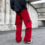 OTUSI Men Summer Outfit Red Black Cotton Cargo Pants Men Fashion Pocket Casual Pants Men Japanese Streetwear Hip Hop Loose Straight Pants Mens Trousers