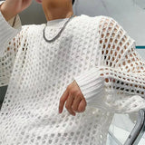 OTUSI Summer Y2K Vintage Hollow Out Loose Knitting T-shirt Man All Match Geometic Tops Fashion Casual Outfits See-though Male Pullover