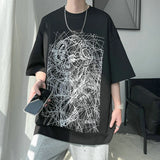 OTUSI 2023 Graffiti Short Sleeve T-shirt for Men Summer American Street Bomber Personality Abstract Thread Figure Top Loose Round Neck