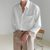 OTUSI Casual Men Lapel Long Sleeve Single-breasted Patch Pocket Draped Men Shirt Slim Fit Solid Color Business Dress Shirt Top