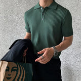 OTUSI Men's Clothing Luxury Knitted Polo Shirt Casual Striped Button Down Solid Color Short Sleeve Tees Breathable 2024 New Knitwear