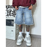 OTUSI American High Street Men's Wide Leg Denim Shorts Summer 2024 New Fashion Casual Baggy Short Jeans Male Chic Burrs Clothes
