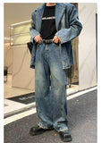 OTUSI 2024 New Fashion Pants Men¡®s trendy Y2K men styleBlue Denim Jacket & Wide-leg Jeans Set