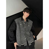 OTUSI 2024 New Fashion Men's Trendy JM Fake Two-piece Spliced Shirt Denim Jacket