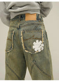 OTUSI 2024 New Fashion Pants Men¡®s trendy Y2K men stylePrinted Yellow Mud Dyed Printed Jeans