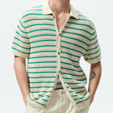 OTUSI Summer Clothing Men's Light Luxury Knitted Polo Shirt Casual Vintage Button-down Striped Short Sleeve Fashion Leisure Knitwear
