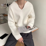 OTUSI Men's Light Luxury Knitted Pullover Sweater Men Casual V Neck Solid Color Long Sleeve Knitwear Streetwear Korean Autumn Clothing