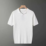 OTUSI Men's Clothing Light Luxury Knitted Polo Shirt Casual Stripe V-Neck Solid Color Short Sleeve T-Shirt Breathable Fashion Knitwear