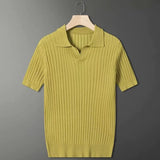 OTUSI Men's Clothing Light Luxury Knitted Polo Shirt Casual Stripe V-Neck Solid Color Short Sleeve T-Shirt Breathable Fashion Knitwear