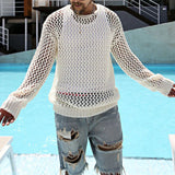 OTUSI 2024 Spring Long Sleeve Transparent Mens T Shirt Sexy Hollow Out See Through Knitted T-shirts Men Hip Hop Crew Neck Pullover Top