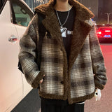 OTUSI Winter Thick Lamb Fur Jacket Men Warm Fashion Casual Retro Plaid Coat Men Korean Loose Short Coat Mens Jackets Outerwear M-3XL