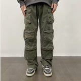 Otusishop street fashion men streetwear Multi-Pocket Overalls Men and Women Youth Japanese Loose Straight Quality Cotton Army Green Casual Pants