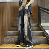 tomboy outfit Black Beggar Ripped Jeans Fashion Brand Men's Summer Thin American High Street Vibe Straight Overalls Wide Leg Pants