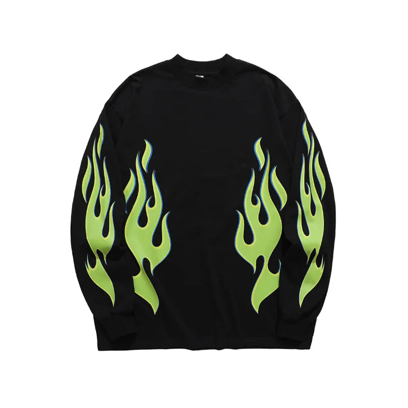 OTUSI Spring Long Sleeve Round Neck Sweater American Retro Fluorescent Green Fireworks Printed Loosen Style Men