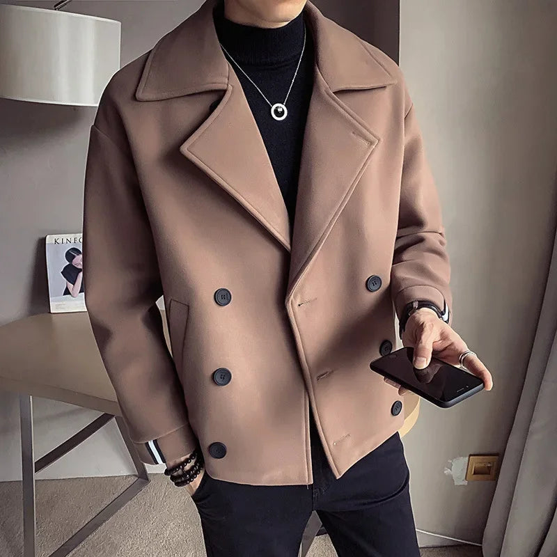 OTUSI Men's Korean Style Short Coat High-quality Casual Warm Woolen Coats Fashion Pure Color Comfortable Wool Autumn and Winter
