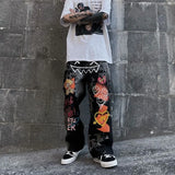 OTUSI Retro Print Graffiti Straight Pants Loose Denim Trousers Street Casual Wide Leg Men Pants Hip Hop Cargo