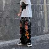 OTUSI Retro Print Graffiti Straight Pants Loose Denim Trousers Street Casual Wide Leg Men Pants Hip Hop Cargo