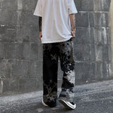 OTUSI Retro Print Graffiti Straight Pants Loose Denim Trousers Street Casual Wide Leg Men Pants Hip Hop Cargo