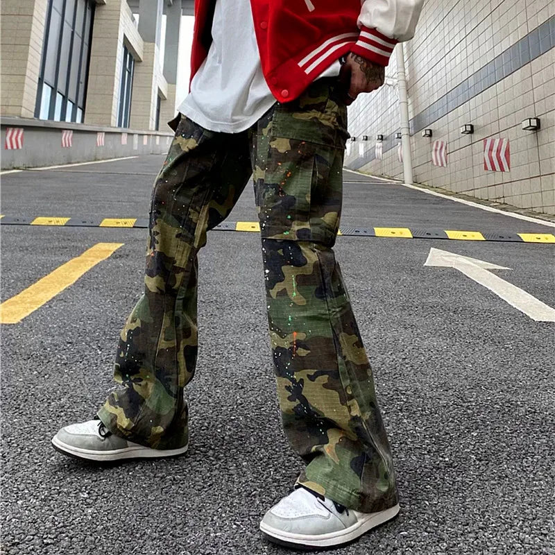 OTUSI 2024 Y2K Fashion Ink Graffiti Baggy Tracksuit Cargo Flare Pants Men Joggers Camouflage Women Casual Long Trousers Ropa Hombre