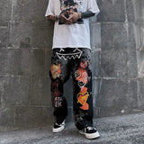 OTUSI Retro Print Graffiti Straight Pants Loose Denim Trousers Street Casual Wide Leg Men Pants Hip Hop Cargo