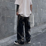 OTUSI Retro Print Graffiti Straight Pants Loose Denim Trousers Street Casual Wide Leg Men Pants Hip Hop Cargo