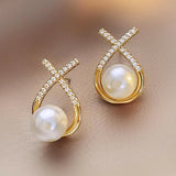 Otusi-Gold Color Metal Fashion Korean Pearl Earrings For Women Sparkling Zircon Pendant Cuff Clip Earrings Wedding Party Jewelry Gifts