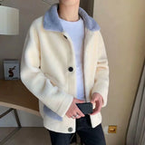 Otusi-Fall Winter Men Jacket Thickened Plush Turn-down Collar  Coat Color Matching Single-breasted Buttons Pockets  Outerwear