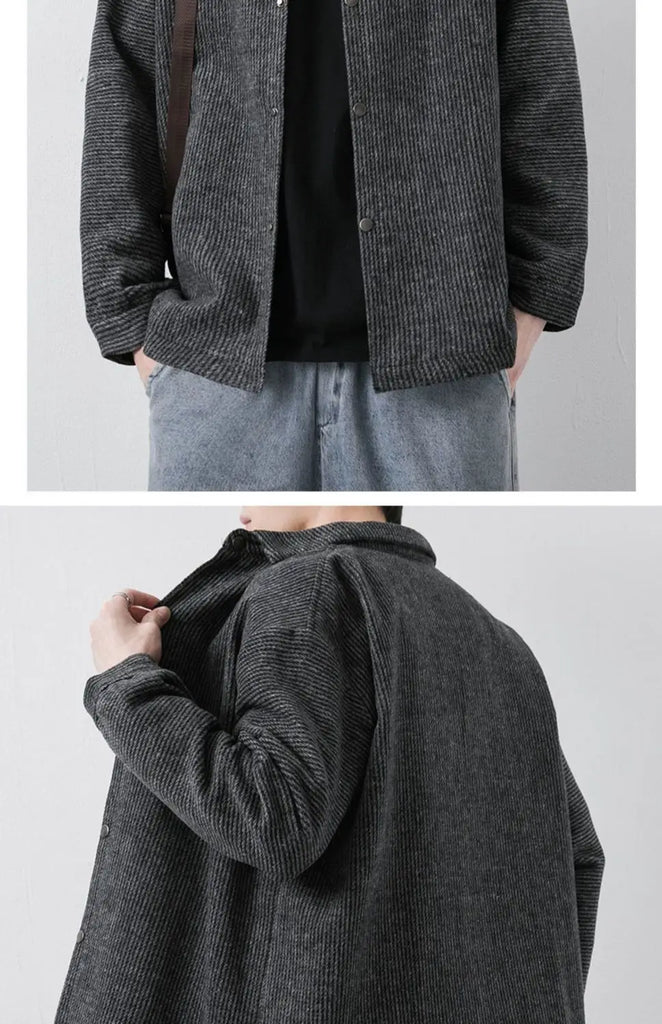 OTUSI Spring Autumn Long Sleeve Shirt Coat Men's Loose Lapel Jacket Corduroy Solid Color Casual Harajuku Dark Gray Button Shirt