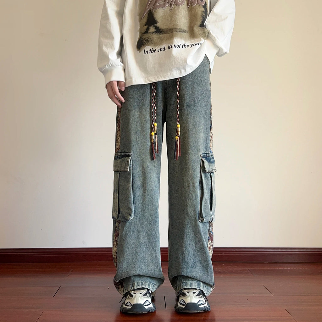 OTUSI Spring New Men's Patchwork Cargo Jeans Oversized Wide Leg Trousers Men Big Pockets Hip Hop Streetwear Fashion Blue Denim Pants