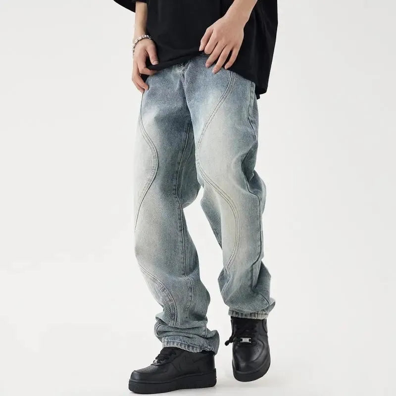 OTUSI Light Blue Jeans Men Y2K Do Old Wash Straight-leg Pants Button-pocket Trousers Loose Fashion