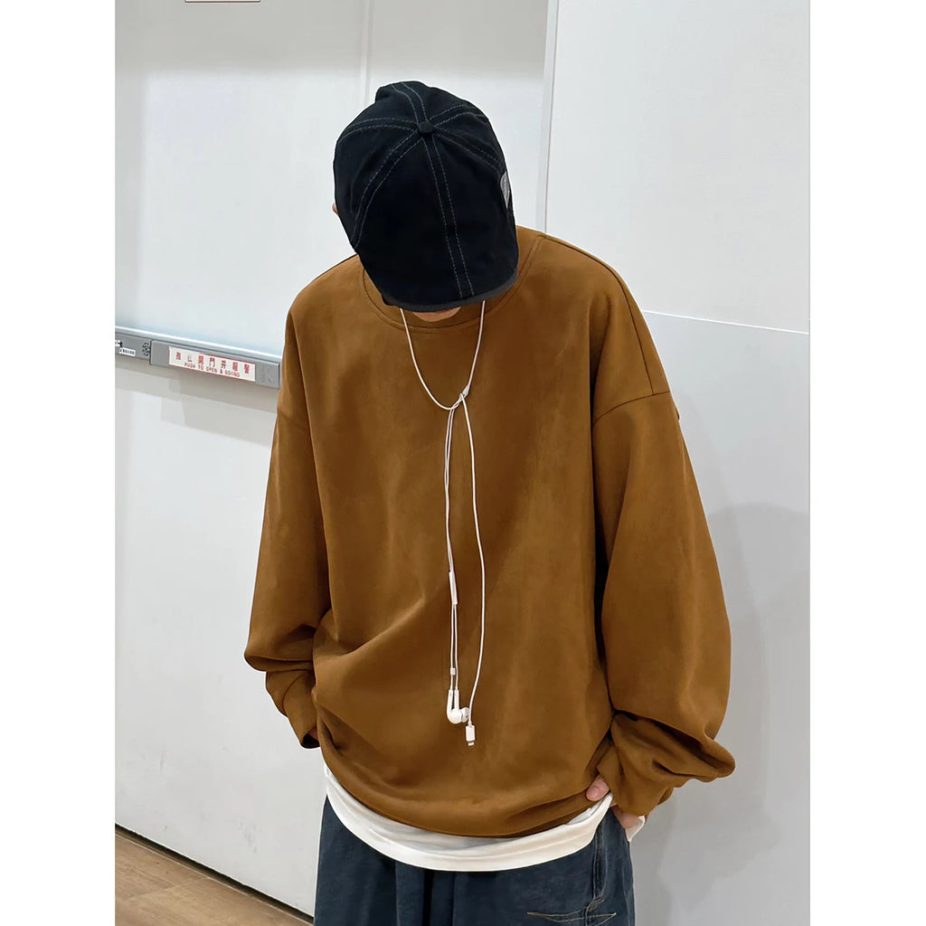 OTUSI Gothic Suede Leather Feeling Men Hoodies Sweatshirts Fashion Loose Streetwear Hip Hop Solid Color Fall New Male Pullovers