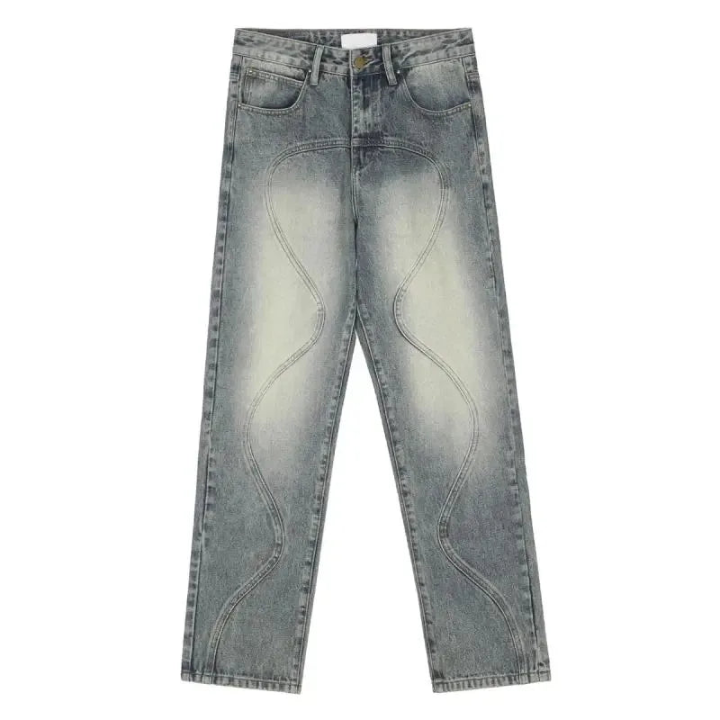 OTUSI Light Blue Jeans Men Y2K Do Old Wash Straight-leg Pants Button-pocket Trousers Loose Fashion